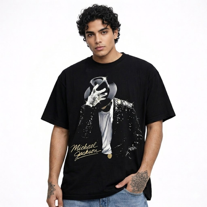 Oversized Black Michael Jackson T-Shirt – Portrait & Gold Signature