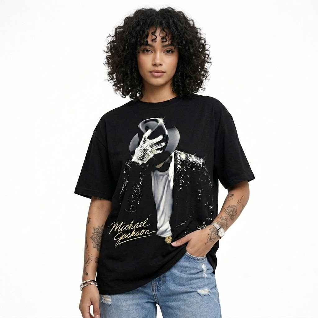 Oversized Black Michael Jackson T-Shirt – Portrait & Gold Signature