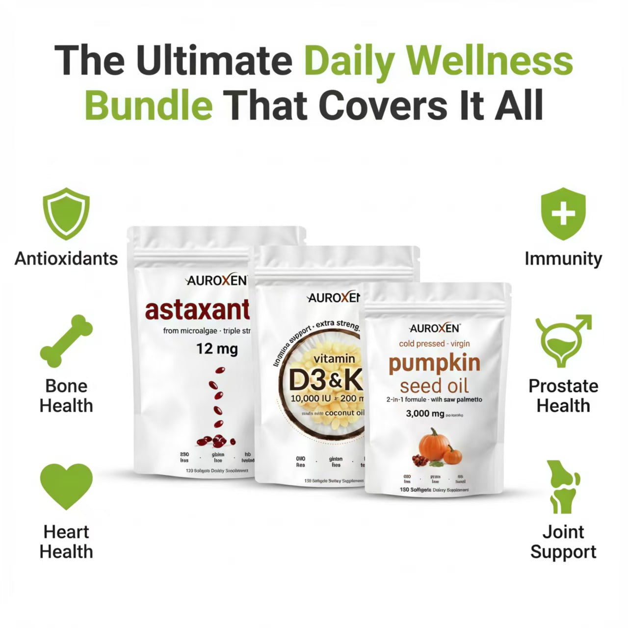 Paquete de vitamina D3 y K2 + astaxantina + aceite de semilla de calabaza